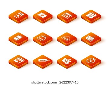 Set Market store, Price tag with Sale, Mobile and shopping cart, Shopping bag, basket check mark, Hanging sign Open door, Stopwatch percent and Remove icon. Vector