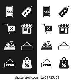 Set Market store, Remove shopping cart, Mobile and, Price tag with New, Cash register machine, Signboard hanging, Shopping bag percent and Hanging sign Open door icon. Vector