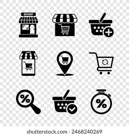 Set Market store, with shopping cart, Add Shopping basket, Magnifying glass percent, check mark, Stopwatch and, Mobile and Location icon. Vector