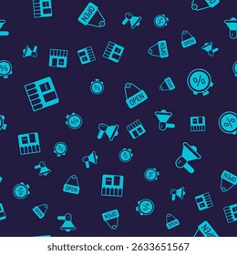 Set Market store, Stopwatch percent discount, Hanging sign with text Open and Megaphone on seamless pattern. Vector