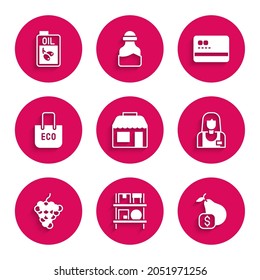 Set Market store, Warehouse interior with boxes, Price tag for pear, Seller, Grape fruit, Shopping bag recycle, Credit card and Bottle of olive oil icon. Vector