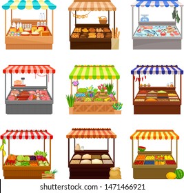 Set of market tents. Vector illustration on white background.