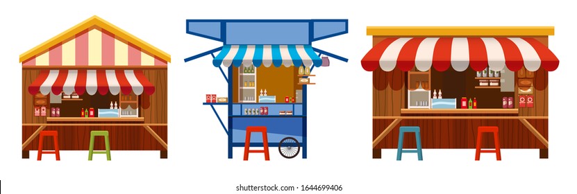 Set Market wooden store and stall on wheels, with red and white striped awning coffee, groceries products, fast food, vegetable, fresh fruit, handy craft, cake bakery . Vector illustration isolated