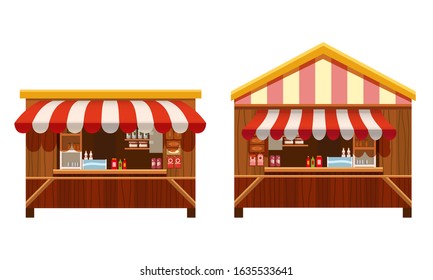 Set Market wooden store, stand stall and various kiosk, with red and white striped awning coffee, groceries products, fast food, vegetable, fresh fruit, handy craft, cake bakery . Vector illustration