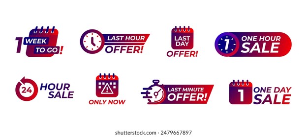 Set of marketing and advertising badges with countdown timers and special offers. Perfect for clearance sales, price cuts, and consumer campaigns. Vector icons for retail and business use.