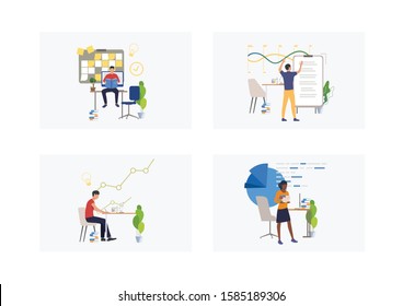 Set of marketing analysis illustrations. Flat vector illustrations of professionals analyzing graph, chart, diagram, report. Business concept for banner, website design or landing web page