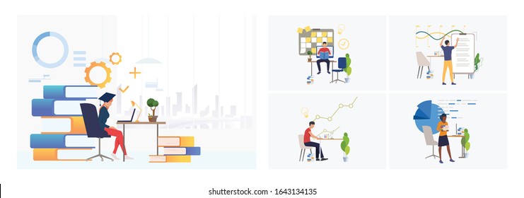 Set of marketing analysis illustrations. Flat vector illustrations of professionals analyzing graph, chart, diagram, report. Business concept for banner, website design or landing web page