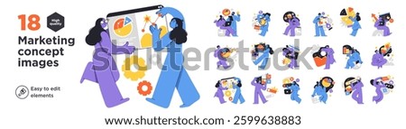 Set of marketing concept illustrations with stylized characters analyzing data, planning strategy, and optimizing digital growth. Includes teamwork, branding, social media, and business development.