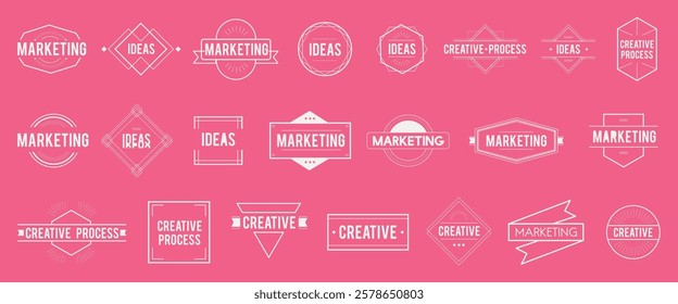 Set of marketing and creative process badges on a pink background. Marketing and ideas themes. Creative designs for marketing and ideas. Logo element vector set.