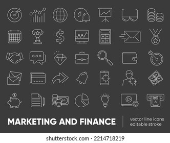 Set of marketing and finance vector line icons, signs and symbols in flat design with elements for mobile concepts and web apps. Collection of modern marketing and finance infographic and pictogram.
