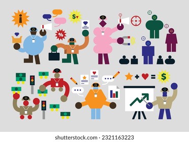 Set of Marketing Humanoids Flat Geometric Character Design