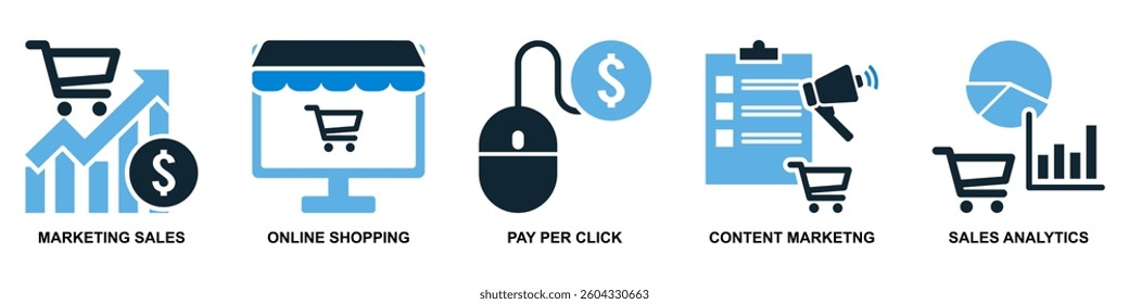 Set of marketing icon vector representing advertising strategies, brand growth, and audience outreach. Ideal for business promotion, digital engagement, and campaign success.