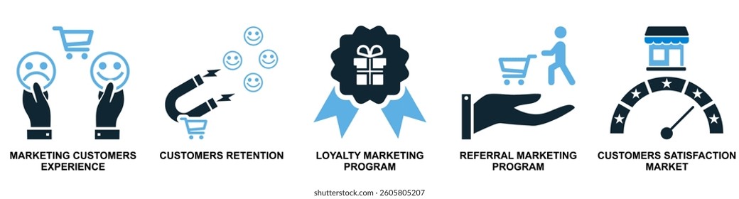 Set of marketing icon vector representing advertising strategies, brand growth, and audience outreach. Ideal for business promotion, digital engagement, and campaign success.