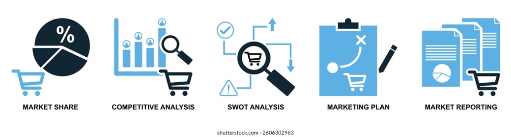 Set of marketing icon vector representing advertising strategies, brand growth, and audience outreach. Ideal for business promotion, digital engagement, and campaign success