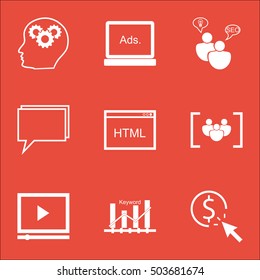 Set Of Marketing Icons On Brain Process, Video Player And Digital Media Topics. Editable Vector Illustration. Includes Optimization, Group And Target Vector Icons.