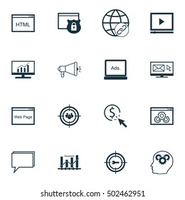 Set Of Marketing Icons On Coding, Media Campaign And Website Topics. Editable Vector Illustration. Includes Advertising, Target And Focus Vector Icons.