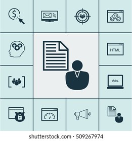 Set Of Marketing Icons On Coding, Report And Newsletter Topics. Editable Vector Illustration. Includes Businessman, Performance, Click And More Vector Icons.