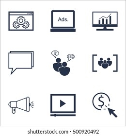 Set Of Marketing Icons On Conference, Media Campaign And Website Performance Topics. Editable Vector Illustration. Includes Conference, Group And Advertising Vector Icons.