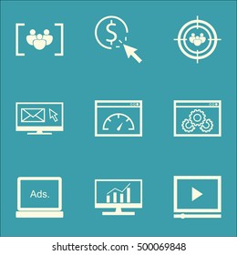 Set Of Marketing Icons On Digital Media, Video Player And Market Research Topics. Editable Vector Illustration. Includes Audience, Focus And Group Vector Icons.