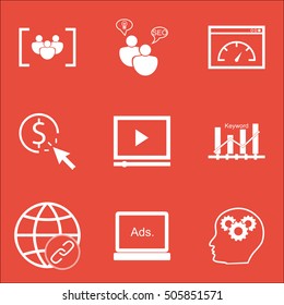 Set Of Marketing Icons On Digital Media, PPC And Connectivity Topics. Editable Vector Illustration. Includes Brain, Video And Bulding Vector Icons.