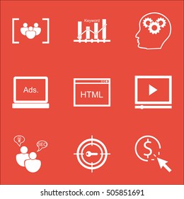 Set Of Marketing Icons On Digital Media, Keyword Optimisation And Brain Process Topics. Editable Vector Illustration. Includes Consulting, Group And HTML Vector Icons.