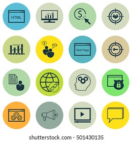 Set Of Marketing Icons On Focus Group, Website Performance And Video Player Topics. Editable Vector Illustration. Includes HTML, Keyword And Advertising Vector Icons.