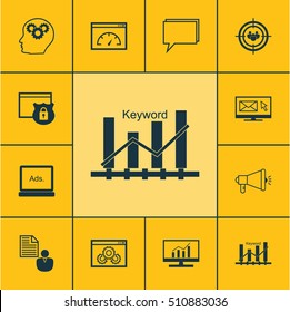 Set Of Marketing Icons On Focus Group, Security And Keyword Optimisation Topics. Editable Vector Illustration. Includes Performance, Security, Brief And More Vector Icons.