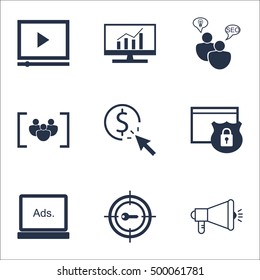 Set Of Marketing Icons On Keyword Marketing, Media Campaign And SEO Brainstorm Topics. Editable Vector Illustration. Includes SEO, Click And Security Vector Icons.