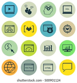 Set Of Marketing Icons On Market Research, Website Performance And Security Topics. Editable Vector Illustration. Includes Video, HTML And Per Vector Icons.