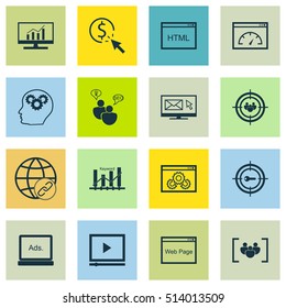 Set Of Marketing Icons On Market Research, Keyword Optimisation And Video Player Topics. Editable Vector Illustration. Includes Plan, Video, Page And More Vector Icons.