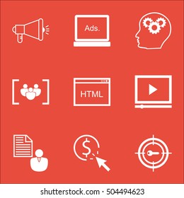 Set Of Marketing Icons On Media Campaign, Questionnaire And Video Player Topics. Editable Vector Illustration. Includes Web, Focus And Code Vector Icons.