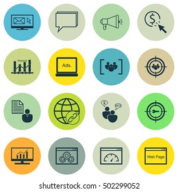 Set Of Marketing Icons On Newsletter, Website Performance And Keyword Marketing Topics. Editable Vector Illustration. Includes Page, Target And Conference Elements