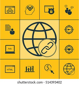 Set Of Marketing Icons On Report, Keyword Optimisation And SEO Brainstorm Topics. Editable Vector Illustration. Includes Businessman, Code, Brain And More