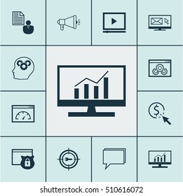 Set Of Marketing Icons On Security, Report And Market Research Topics. Editable Vector Illustration. Includes Plan, Client, Dynamics And More Vector Icons.
