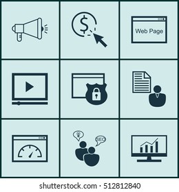 Set Of Marketing Icons On Security, Video Player And Website Topics. Editable Vector Illustration. Includes Client, Browser, Viral And More Vector Icons.