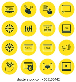 Set Of Marketing Icons On SEO Brainstorm, Focus Group And Digital Media Topics. Editable Vector Illustration. Includes Consulting, Online And Email Vector Icons.