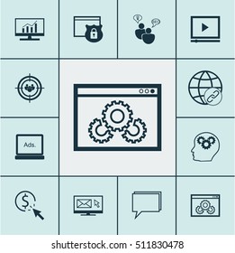 Set Of Marketing Icons On Video Player, SEO Brainstorm And Conference Topics. Editable Vector Illustration. Includes Digital, Consulting, Marketing And More Elements