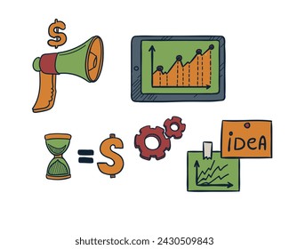 Set of marketing idea generating and time management in business icons in doodle style. Vector illustration.