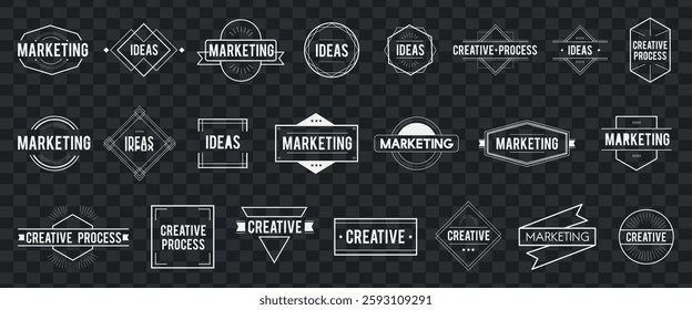 Set of marketing and ideas badges. Creative process and marketing designs. Variety of marketing labels. Ideas and marketing themes in creative badges. Logo element vector set.