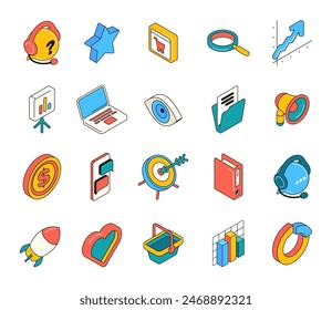 Conjunto de iconos isométricos de marketing. Promoción en redes sociales, publicidad dirigida, optimización en buscadores y captación de nuevos clientes. Colección de Vector 3D de dibujos animados aislada sobre fondo blanco