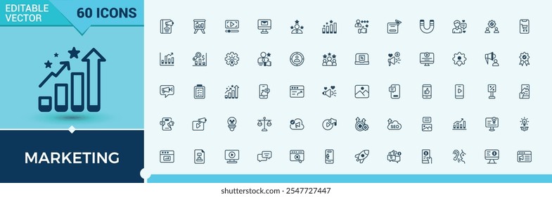 Set of Marketing line icons. Includes thin line marketing, media, feedback, business, advertising, campaign, website, analytics. Minimal linear icons. Vector illustration in modern line style.