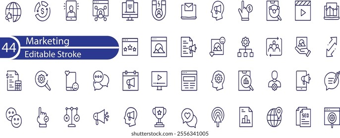 Set of  marketing line icons. Management, seo, target, ad, analytics etc.