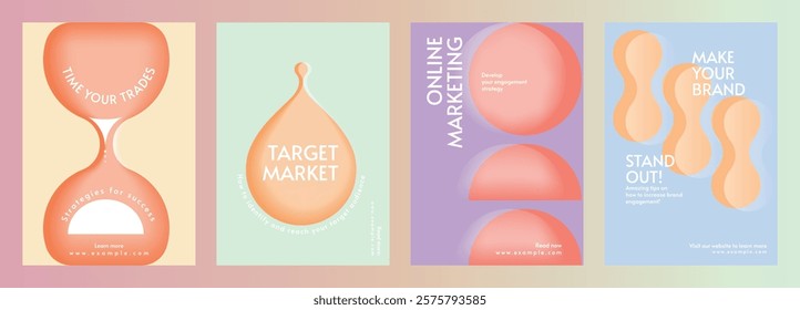 Set of marketing posters with abstract designs. Keywords: marketing, target, brand. Soft colors, modern style. Ideal for marketing strategies and brand promotion. Retro pastel branding template vector