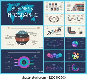 Set of marketing or production concept infographic charts. Graphic elements for presentation slide templates. For corporate report, advertising, banner and brochure design.