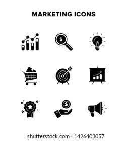 Set of Marketing Related Vector Icons. Contains such Icons as Analytics, Research, Cart, Target, Presentation, Income and Advertising. Every icon is a solid shape which can be easily recolored