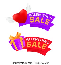 Set of marketing sale banners or promo labels to Valentine's Day celebrating with flying heart with angel wings and gift box wrapped golden ribbon isolated on a white background