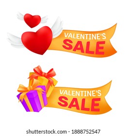 Set of marketing sale banners or promo labels to Valentine's Day celebrating with flying heart with angel wings and gift box wrapped golden ribbon isolated on a white background