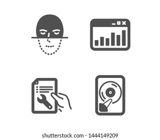Set of Marketing statistics, Face recognition and Repair document icons. Hdd sign. Web analytics, Faces biometrics, Spanner tool. Memory disk.  Classic design marketing statistics icon. Flat design