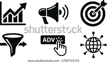 A set of marketing strategy icons representing growth, promotion, target achievement, sales funnel optimization, advertising, and global reach, ideal for business and marketing presentations.