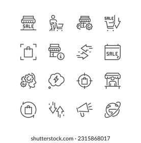 Set of marketing strategy related icons, increase sales, product presentation, seller, buyer and linear variety vectors.